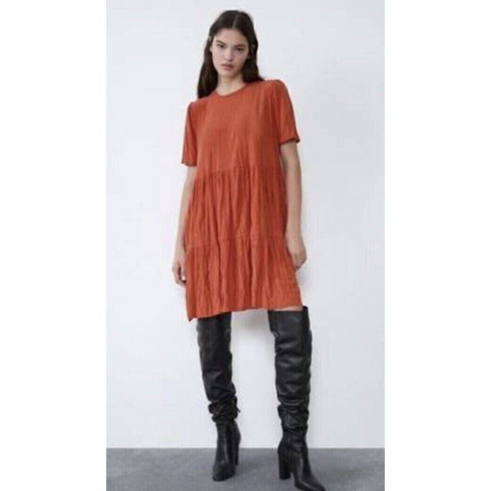 Zara Dress Size ‎ Medium Orange Wrinkle Look Dress Terra Cotta Short Sleeve